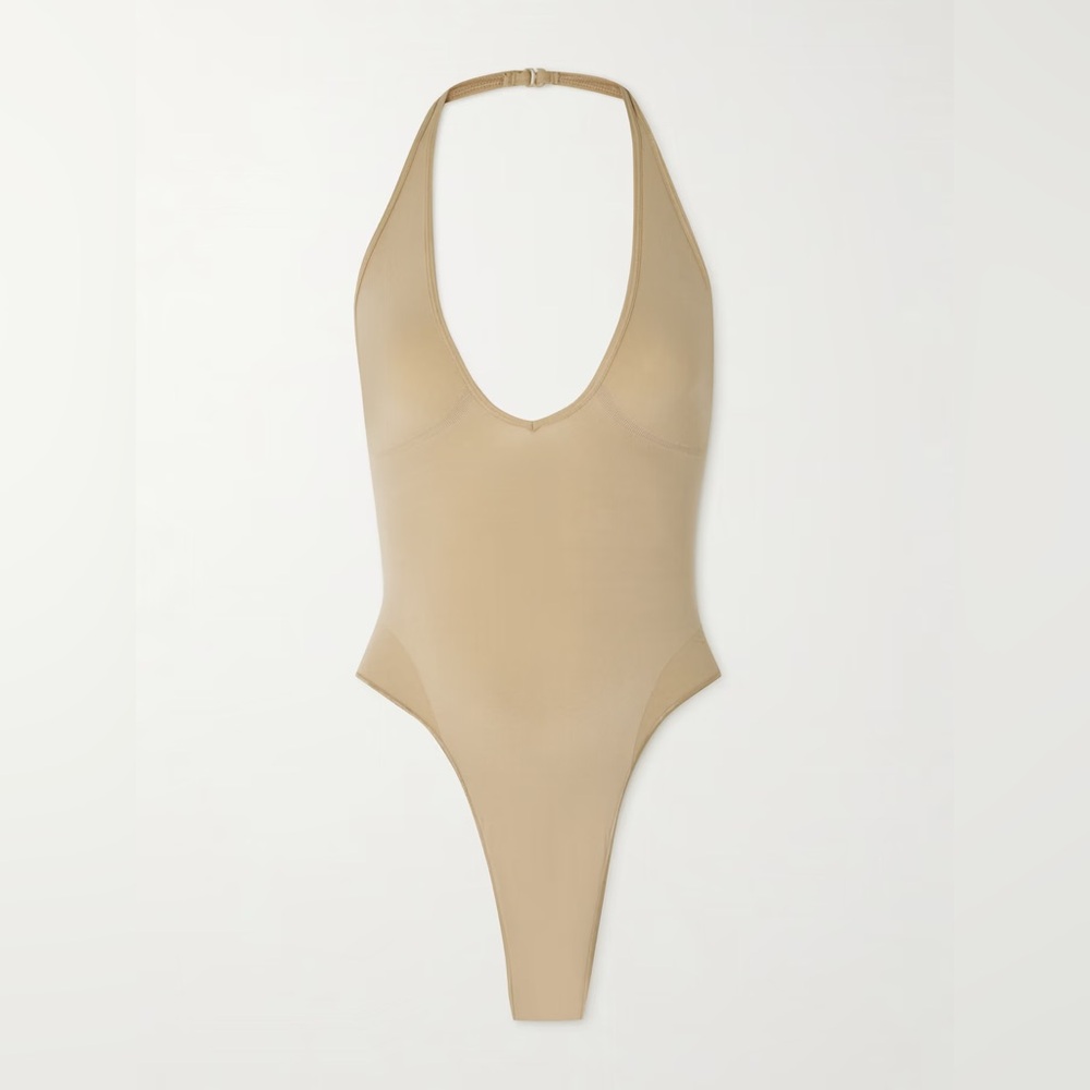 SKIMS Seamless Sculpt Deep Plunge Halter Thing Bodysuit Clay